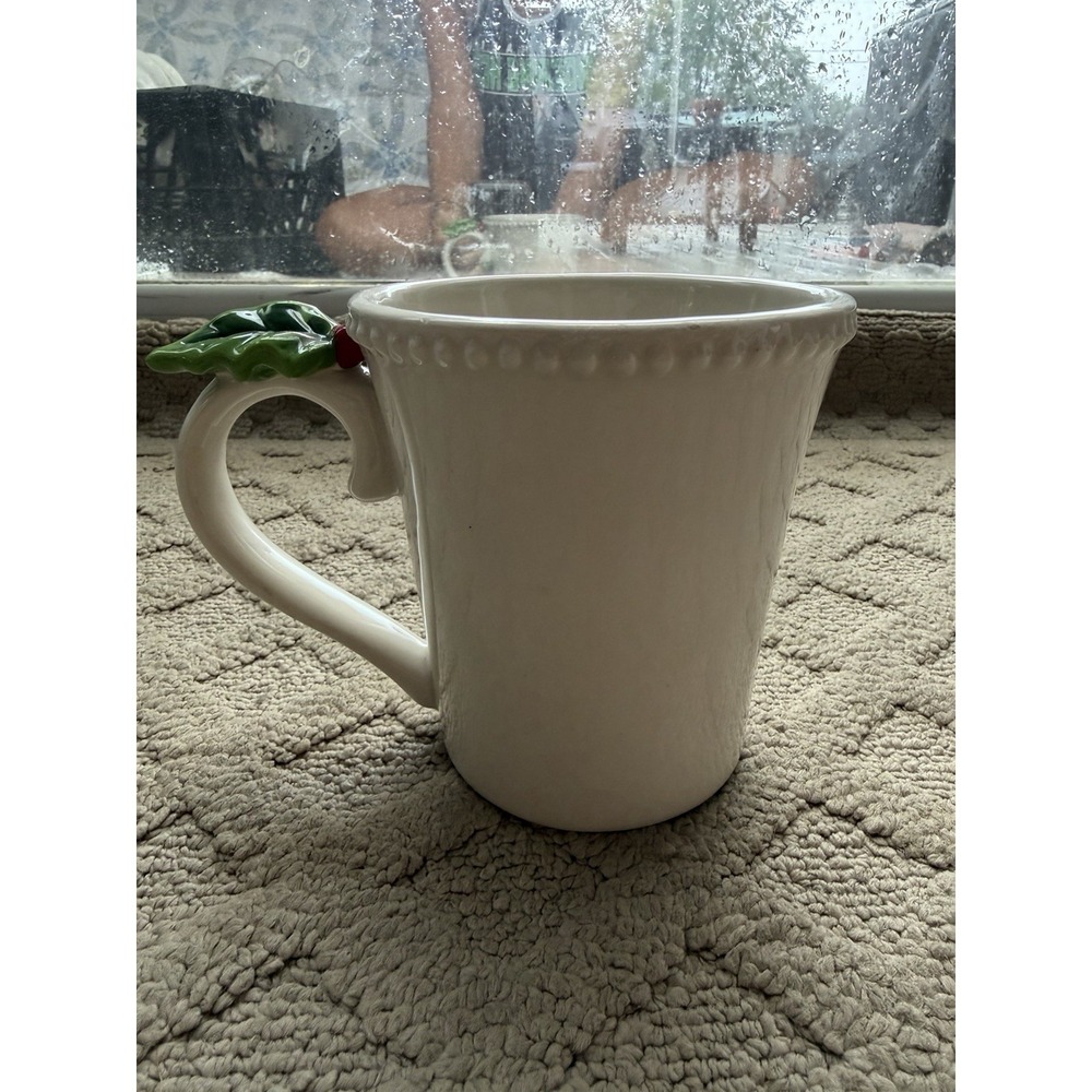 Holly Christmas Ivory Beaded Coffee/Tea Mug ~ Blue Sky. 2016